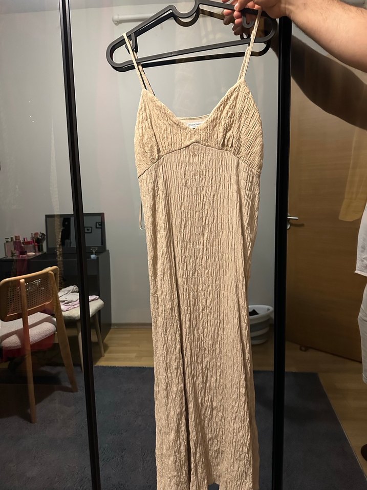 Stradivarius Bej Keten  Uzun Elbise - Görsel 3