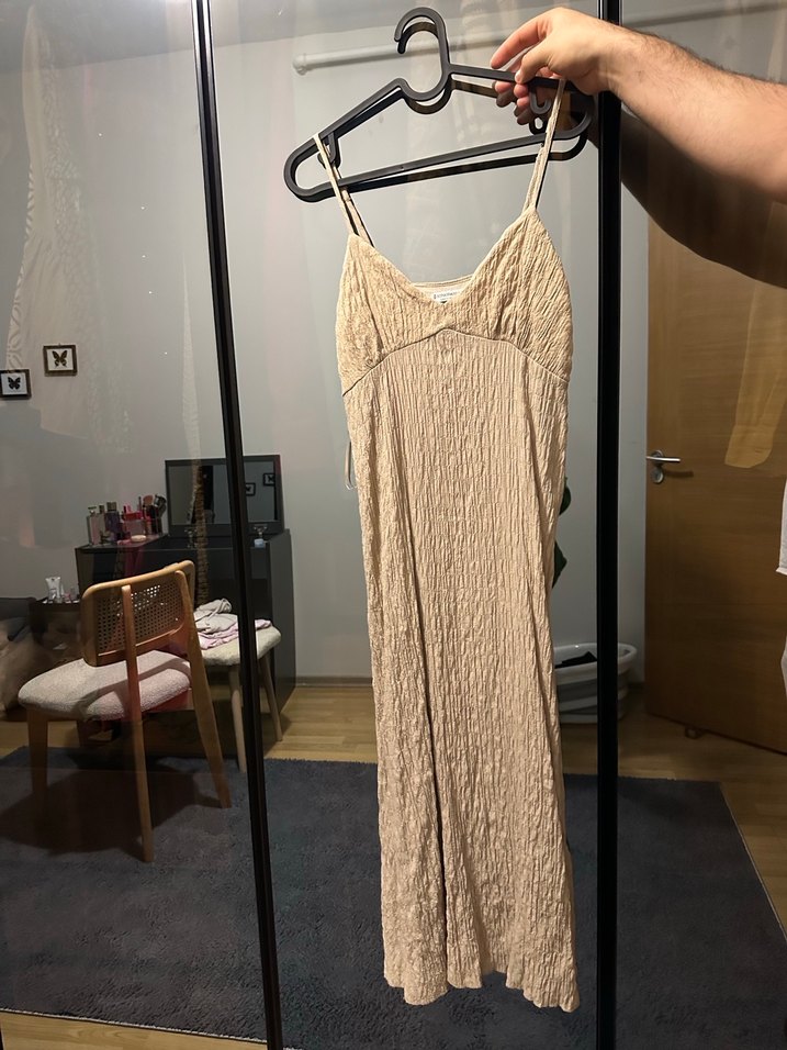 Stradivarius Bej Keten  Uzun Elbise - Görsel 4