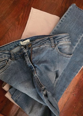 Gri ve Bej Düğmeli Kadın Denim Pantolon - Görsel 5
