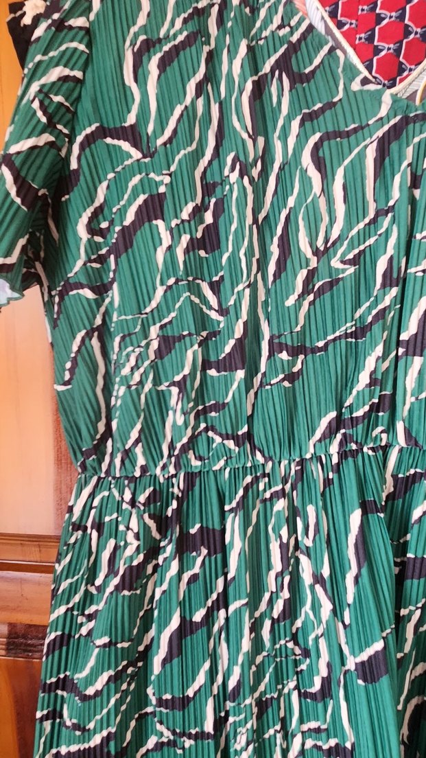 Yeşil Pilili Bohem V Yaka Elbise - Görsel 2