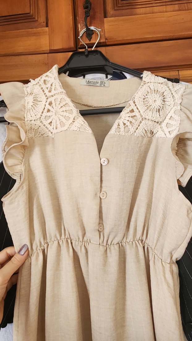 Bej Kısa Kollu Nakışlı Hamile Bluzu - Görsel 2