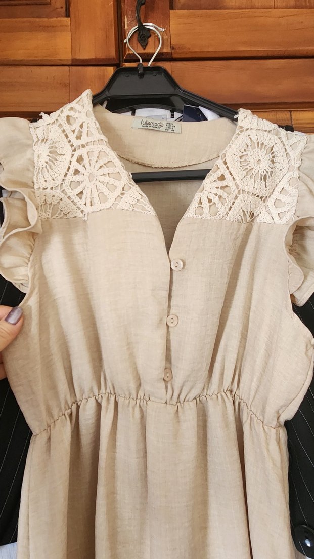 Bej Kısa Kollu Nakışlı Hamile Bluzu - Görsel 3