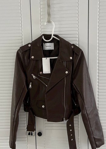Stradivarius Kahverengi Kemerli Biker Deri Ceket