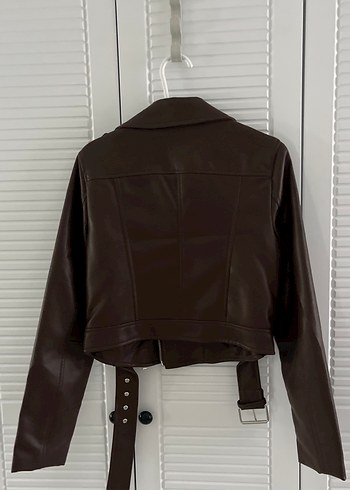s Beden Stradivarius Kahverengi Kemerli Biker Deri Ceket