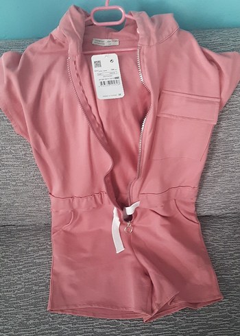 Pembe Fermuarlı Kısa Kollu Cocuk Tulum