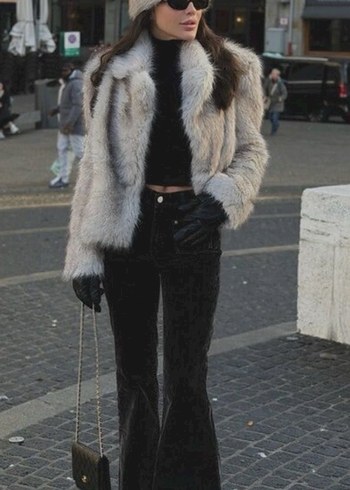 Gri Kürk Detaylı Deri Ceket - Görsel 3