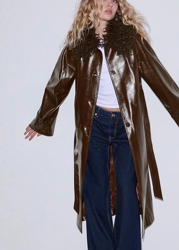 Kürklü Kahverengi Deri Kadın Trençkot - Görsel 2