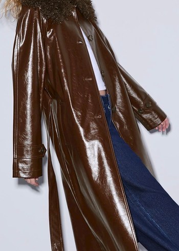 Kürklü Kahverengi Deri Kadın Trençkot - Görsel 3