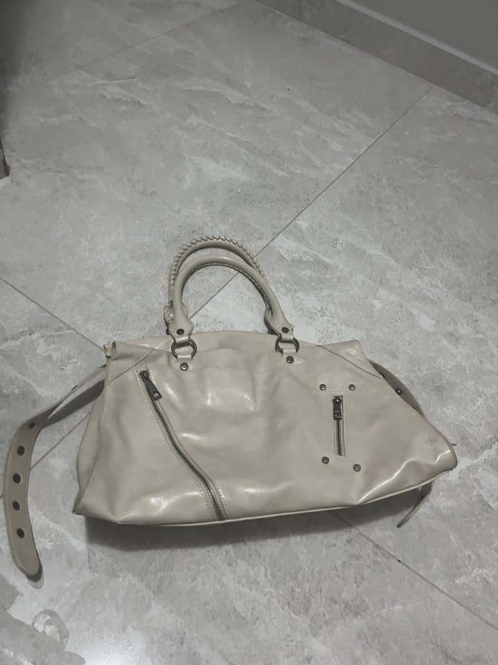 Bej Deri Kadın Çanta Tokalı Rock Punk - Görsel 3