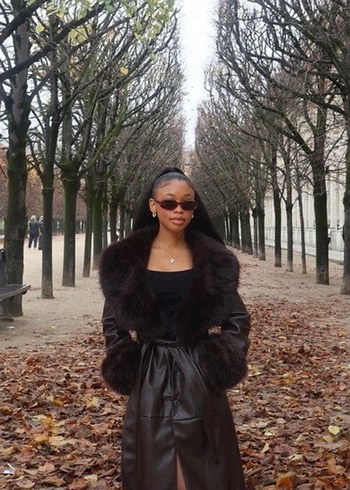 Siyah Deri Midi Kadın Kürk Detaylı Kaban - Görsel 2