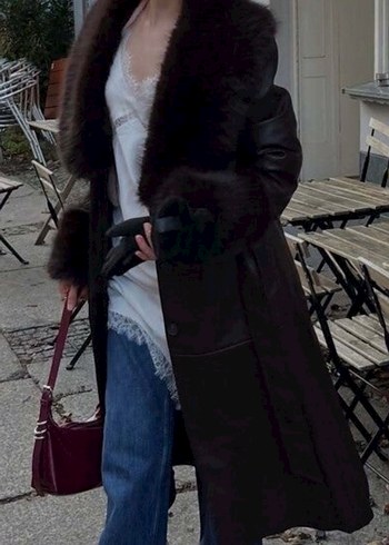 Siyah Deri Midi Kadın Kürk Detaylı Kaban - Görsel 4