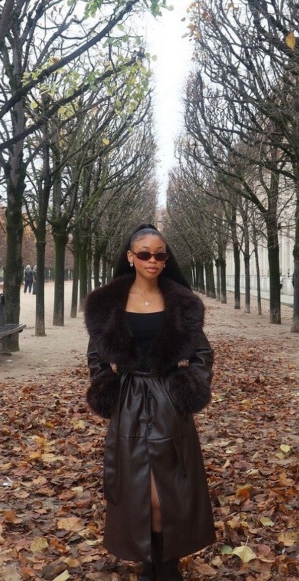 Siyah Deri Midi Kadın Kürk Detaylı Kaban - Görsel 2