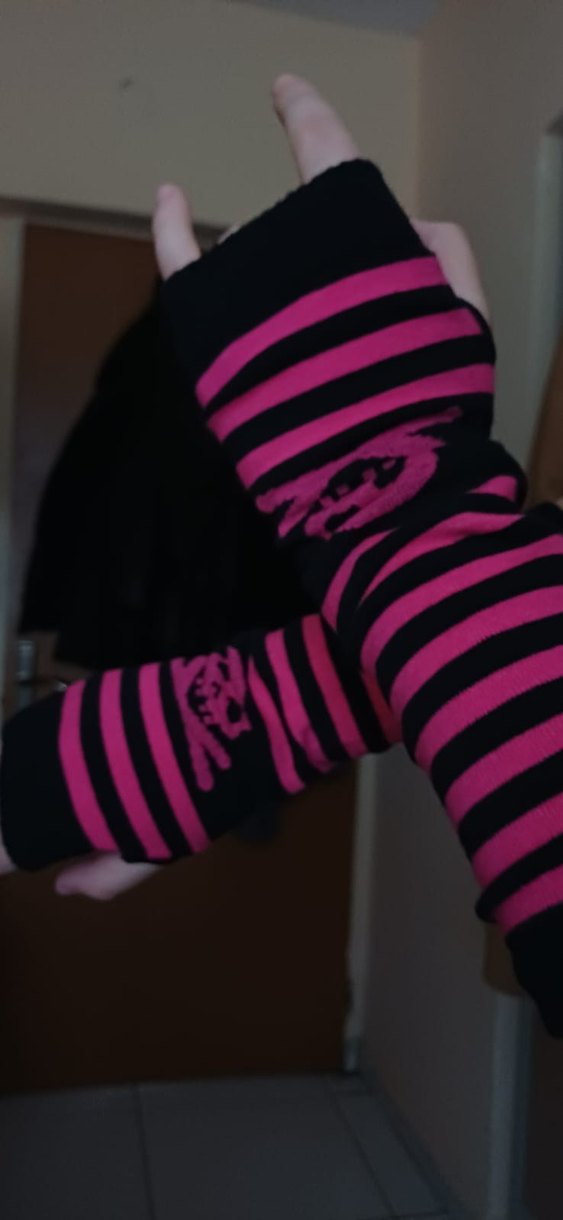 Pembe Siyah Çizgili Goth Eldiven - Görsel 2