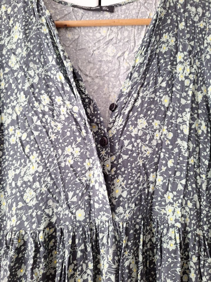 Gri Uzun Bohem Düğmeli Elbise - Görsel 2