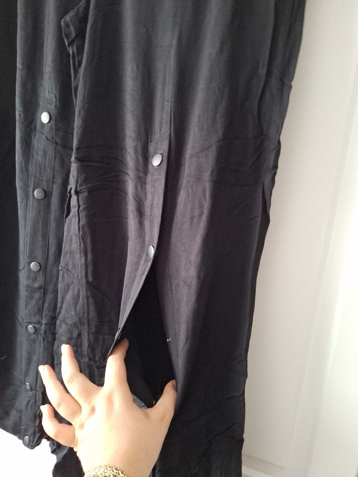 Düğmeli Siyah Keten Kadın Pantolon - Görsel 2