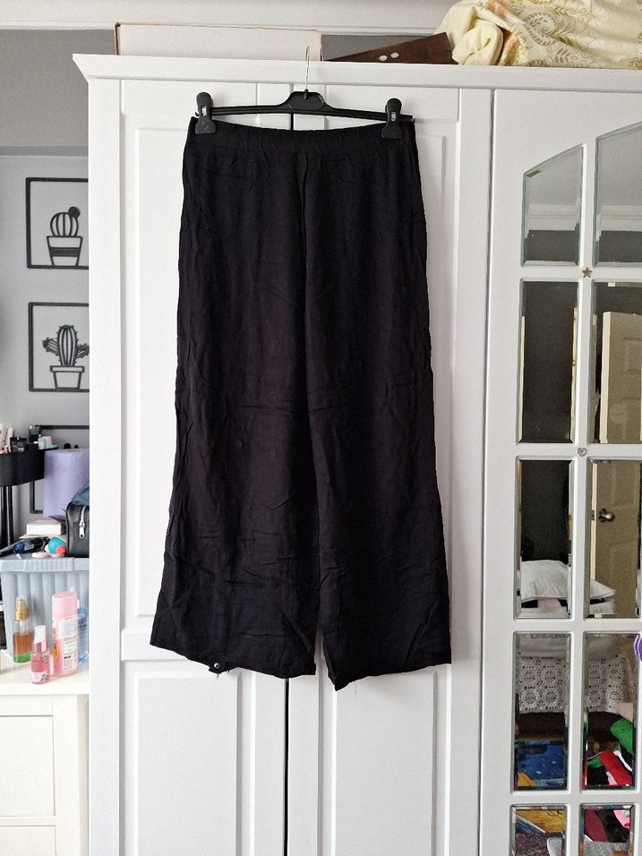 Düğmeli Siyah Keten Kadın Pantolon - Görsel 4