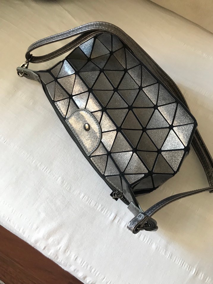 Gri Deri Geometrik Desenli Kadın Çanta - Görsel 3