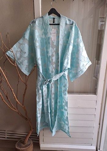 Retro Mavi Dantel Detaylı Uzun Kadın Kimono