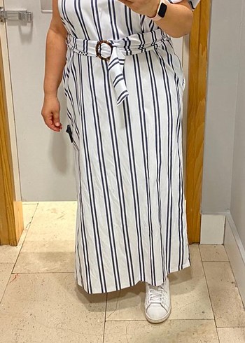 Beyaz Çizgili  Uzun Elbise - Görsel 2