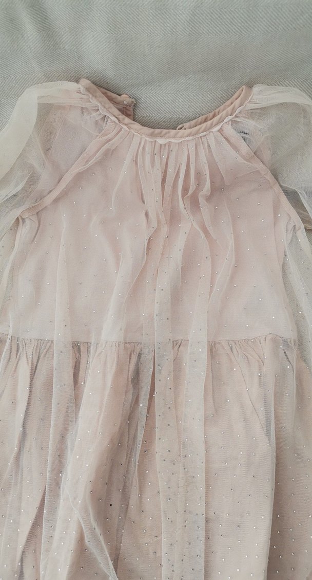 Pembe Uzun Kollu Kız Elbisesi, tüllü, simli, Fırfırlı 6 yaş - Görsel 2