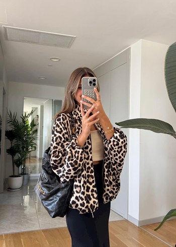 Kadın Leopar Desenli Saten Bomber Ceket - Görsel 2