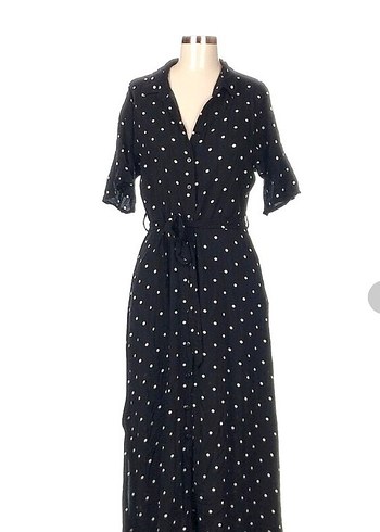 Siyah Puantiyeli Düğmeli Uzun Elbise - Görsel 6