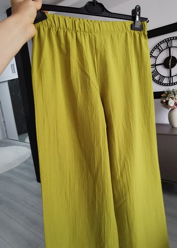 m Beden Sarı Pilili Uzun Keten Kadın Pantolon