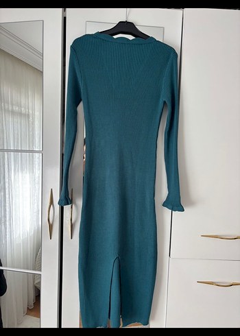 Turkuaz V Yakalı Süet Midi Elbise - Görsel 5