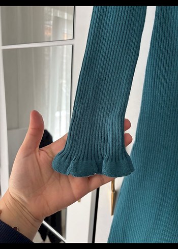 Turkuaz V Yakalı Süet Midi Elbise - Görsel 4