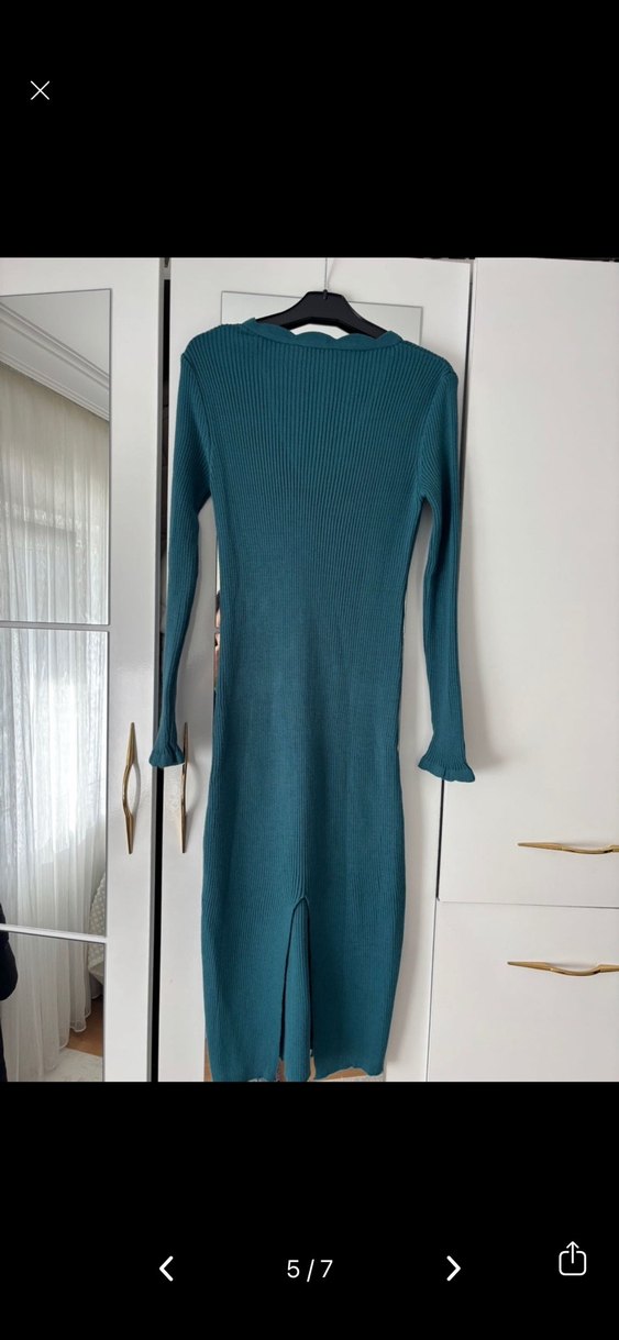 Turkuaz V Yakalı Süet Midi Elbise - Görsel 5