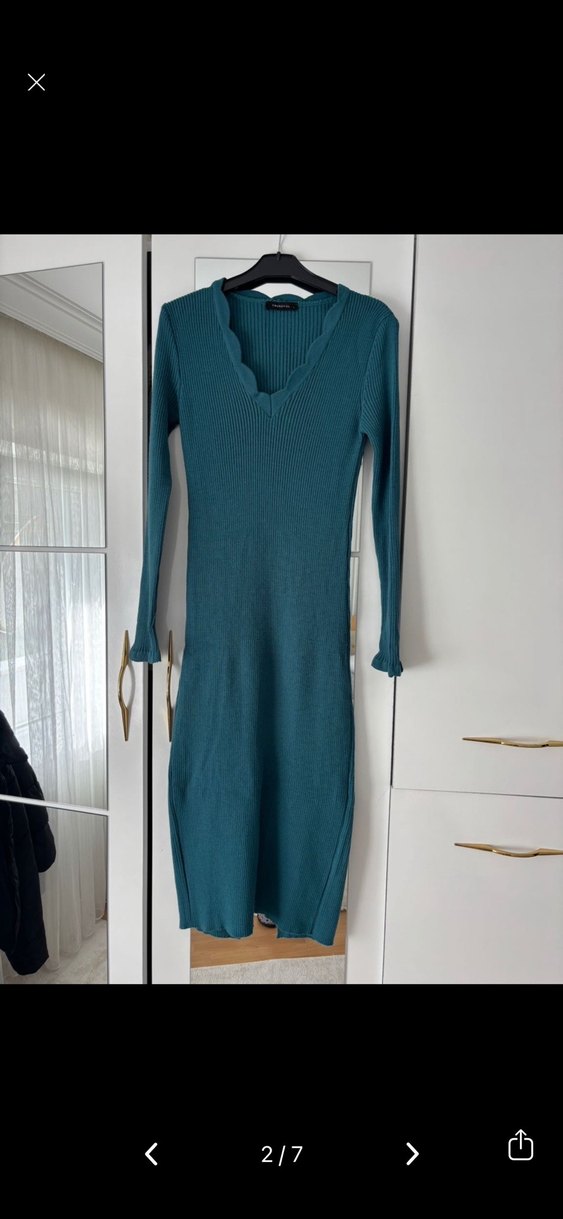 Turkuaz V Yakalı Süet Midi Elbise - Görsel 2