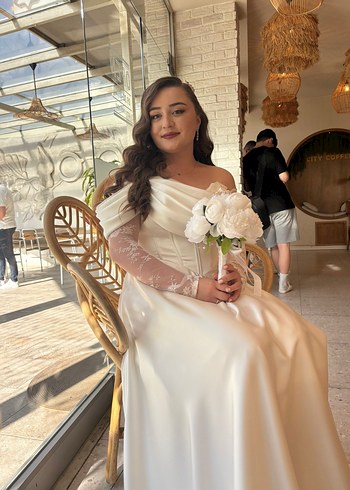 Gelinlik Beyaz Uzun Kollu Straplez A Kesim Gelinlik