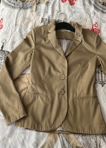 Bej Düğmeli Kadın Keten Blazer Ceket