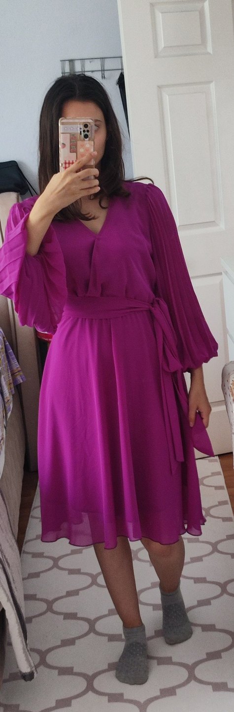 Fuşya Drapeli Uzun Kollu Uzun Elbise - Görsel 2