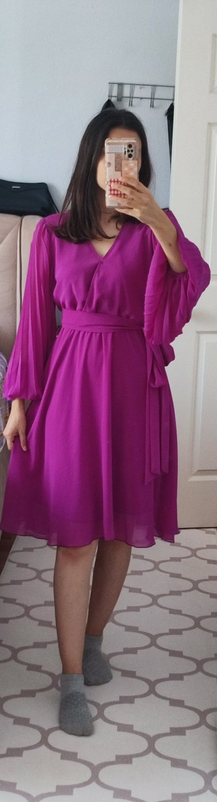 Fuşya Drapeli Uzun Kollu Uzun Elbise - Görsel 3