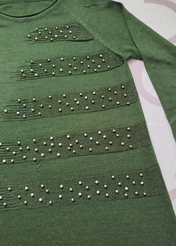 Uzun Kollu Yeşil Triko Kadın Kazak - Görsel 2