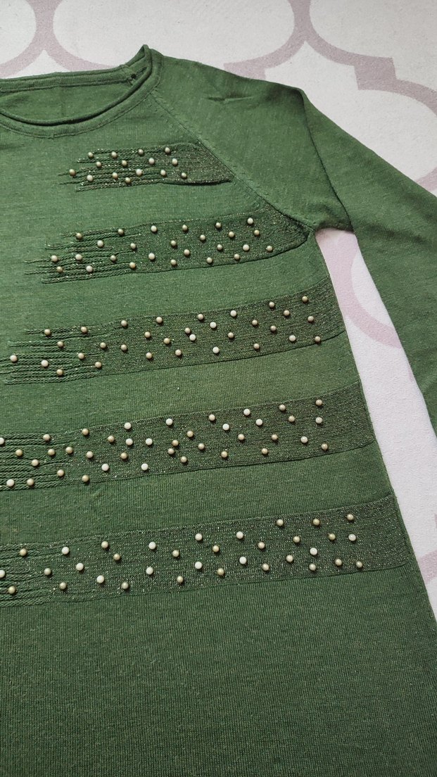 Uzun Kollu Yeşil Triko Kadın Kazak - Görsel 2