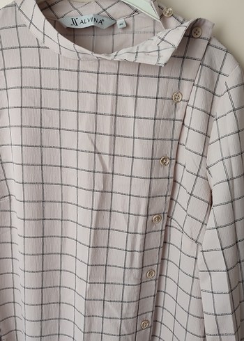 Düğmeli Uzun Kadın Bej Ekose Tunik - Görsel 5