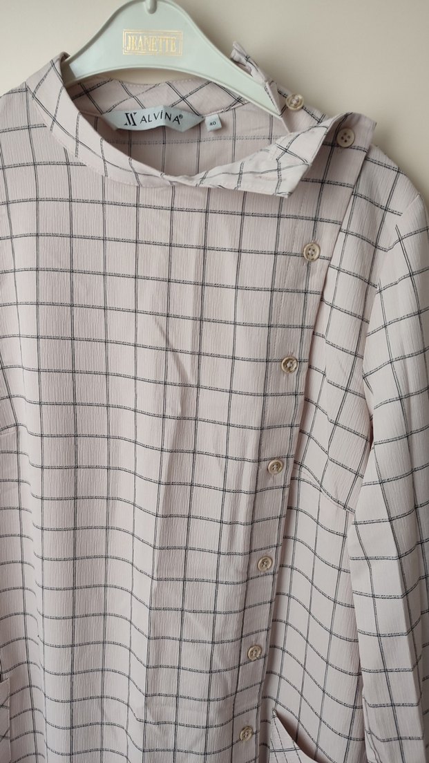 Düğmeli Uzun Kadın Bej Ekose Tunik - Görsel 5