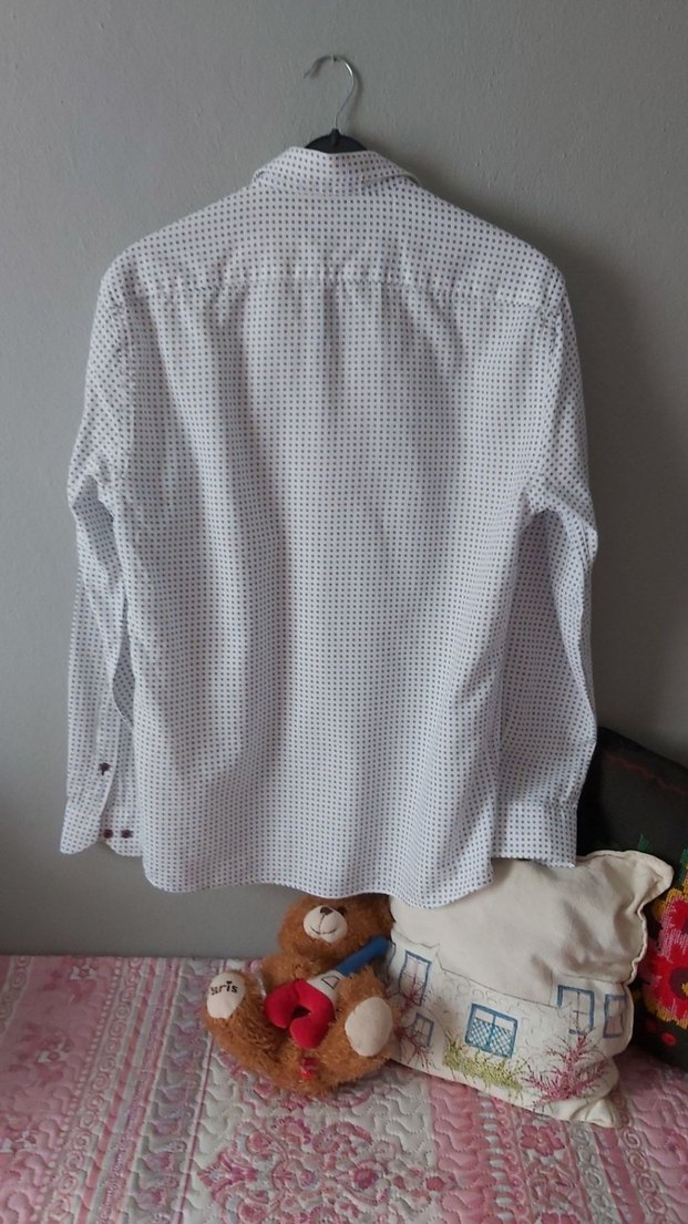 Beyaz Puantiyeli Uzun Kollu Pamuklu Erkek Gömlek - Görsel 3