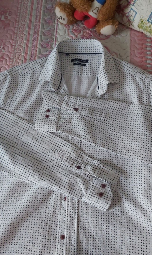 Beyaz Puantiyeli Uzun Kollu Pamuklu Erkek Gömlek - Görsel 2