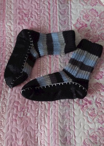 Gri Mavi Siyah Çizgili Tabanlıklı Ev Çorabı - Görsel 3