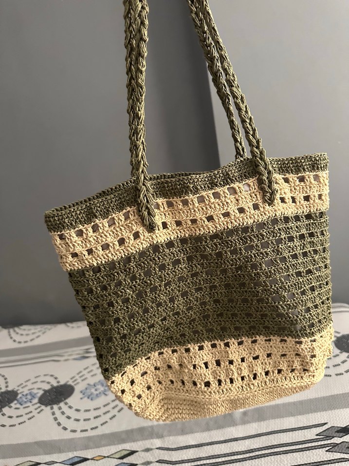 Bej ve Gri Dantel Detaylı Örgü Kadın Çanta - Görsel 2