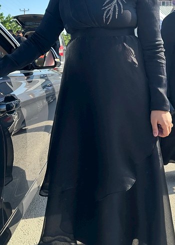 Siyah İşlemeli Uzun Kollu Kadın Abiye Elbise - Görsel 5