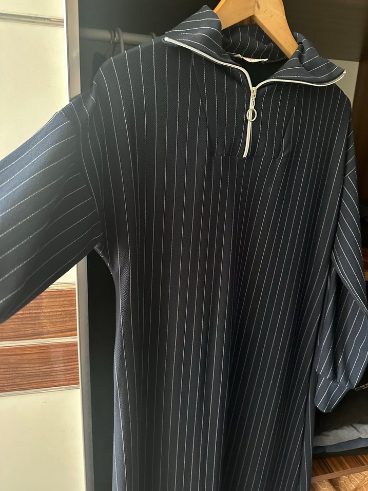 Çizgili Uzun lacivert Kadın Elbise - Görsel 5