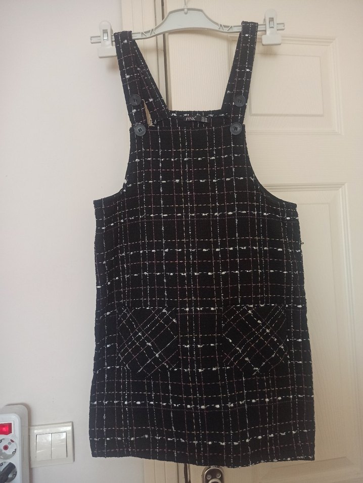 Kızlar için Kareli Askılı Siyah Salopet - Görsel 3