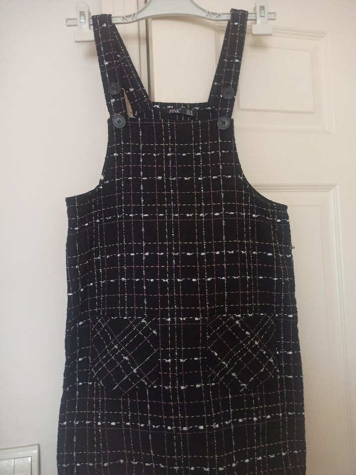 Kızlar için Kareli Askılı Siyah Salopet - Görsel 2