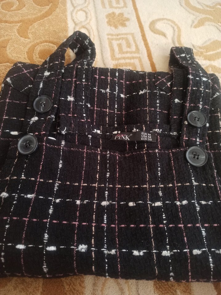 Kızlar için Kareli Askılı Siyah Salopet - Görsel 5