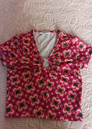 V Yaka, Düğmeli, Baskılı Bohem  krop Bluzu - Görsel 2