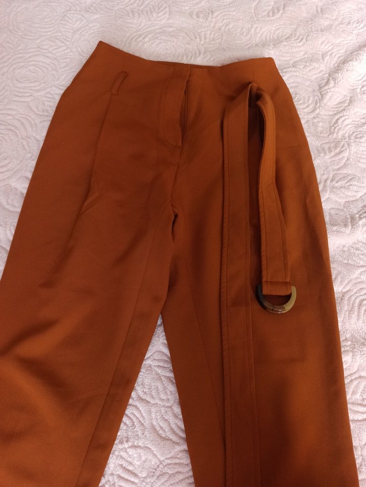 Kahverengi Kemerli Kadın Kumaş Pantolon - Görsel 5